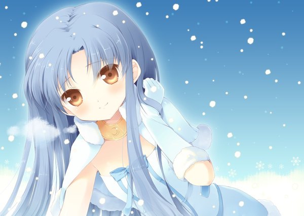 Anime picture 1000x711 with idolmaster kisaragi chihaya komi zumiko single long hair looking at viewer blush brown eyes blue hair snowing winter exhalation cute & girly (idolmaster) pastel marine (idolmaster) girl gloves snowflake (snowflakes)