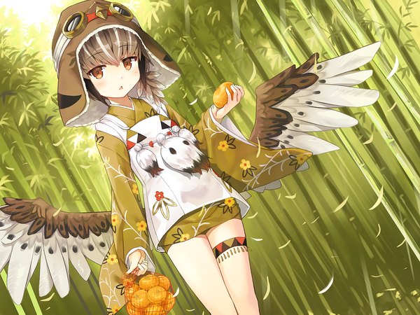 Anime picture 2250x1689 with ayakashi kyoushuutan hiyo cura single looking at viewer blush fringe highres short hair open mouth brown hair standing holding brown eyes payot outdoors traditional clothes japanese clothes multicolored hair two-tone hair