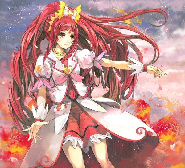 Anime picture 1000x908 with precure dokidoki! precure toei animation madoka aguri cure ace toromi chuka single long hair red eyes sky cloud (clouds) ponytail red hair puffy sleeves drill hair spread arms magical girl girl dress bow