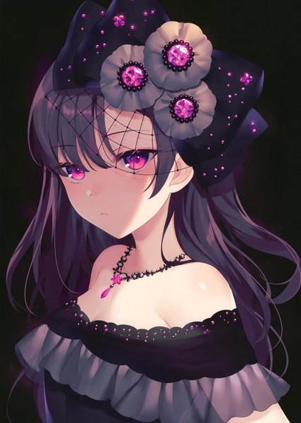 Anime picture 2099x2952 with original achiki single long hair tall image looking at viewer blush fringe highres black hair simple background hair between eyes bare shoulders upper body pink eyes scan black background girl dress hair ornament