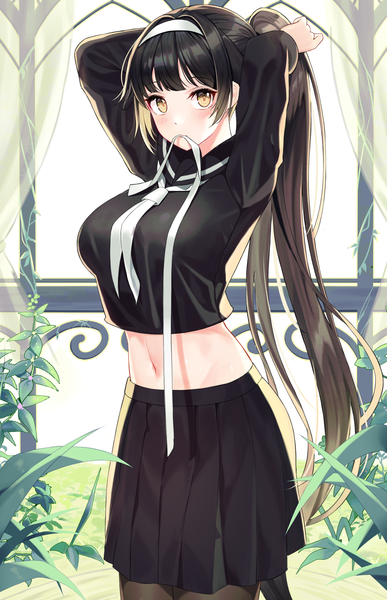 Anime picture 1290x2000 with azur lane takao (azur lane) takao (academy romantica) (azur lane) niji (rudduf232) single long hair tall image looking at viewer blush fringe breasts black hair large breasts holding yellow eyes ponytail indoors blunt bangs long sleeves pleated skirt