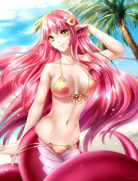 Anime picture 762x1000 with monster musume no iru nichijou miia (monster musume) gigamessy single tall image looking at viewer breasts light erotic yellow eyes looking away pink hair sky tail very long hair light smile beach monster girl bikini pull girl hair ornament