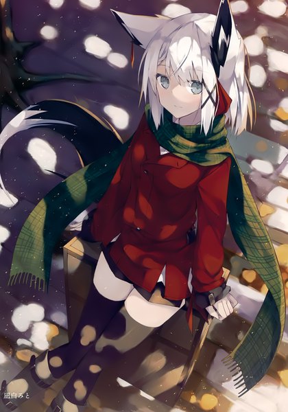 Anime picture 2470x3529 with melonbooks nagishiro mito single tall image looking at viewer fringe highres short hair smile hair between eyes standing signed animal ears payot outdoors white hair tail animal tail from above scan