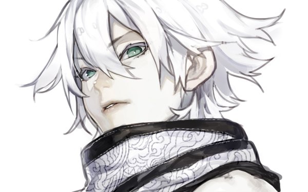 Anime picture 1281x800 with original hujimogeo single looking at viewer short hair simple background wide image white background green eyes white hair pale skin androgynous scarf