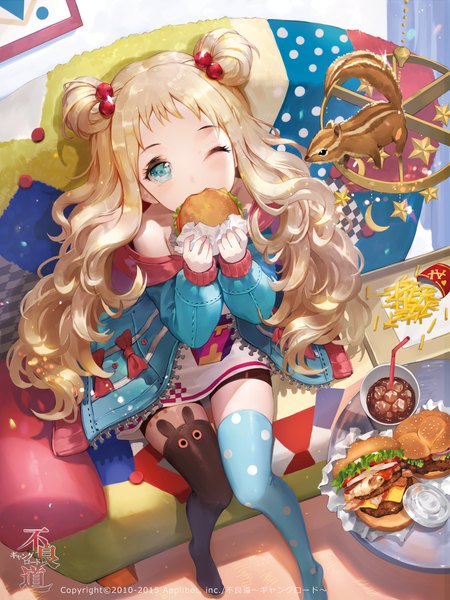 Anime picture 1000x1334 with furyou michi ~gang road~ tob long hair tall image looking at viewer blush fringe blue eyes blonde hair sitting bare shoulders holding bent knee (knees) indoors one eye closed from above sparkle hair bun (hair buns) no shoes zettai ryouiki