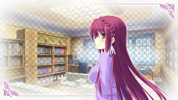 Anime picture 1024x576 with sugirly wish kamira akane single long hair breasts smile wide image large breasts green eyes game cg purple hair girl book (books)