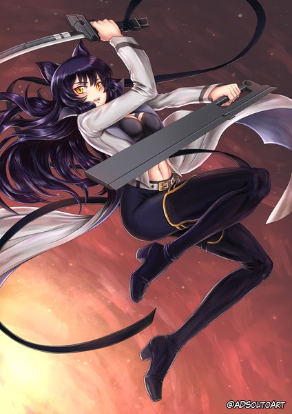 Anime picture 1240x1754 with rwby rooster teeth blake belladonna adsouto single long hair tall image looking at viewer breasts open mouth black hair holding signed animal ears yellow eyes bent knee (knees) long sleeves cat ears open jacket high heels