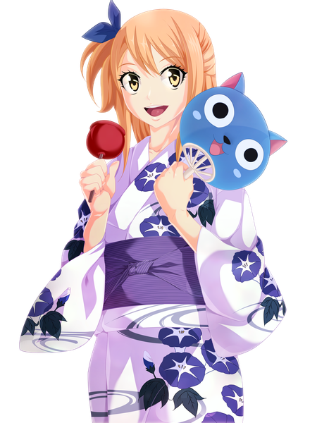 Anime-Bild 3600x4800 mit fairy tail lucy heartfilia salim202 single long hair tall image highres open mouth blonde hair smile yellow eyes absurdres traditional clothes japanese clothes one side up coloring transparent background girl flower (flowers) bow