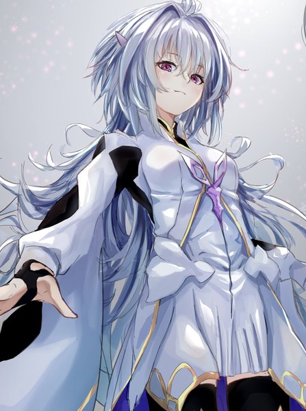 Anime picture 2516x3380 with fate (series) fate/grand order fate/prototype merlin (fate/prototype) wata0933 single long hair tall image fringe highres hair between eyes purple eyes looking away silver hair grey background from below girl