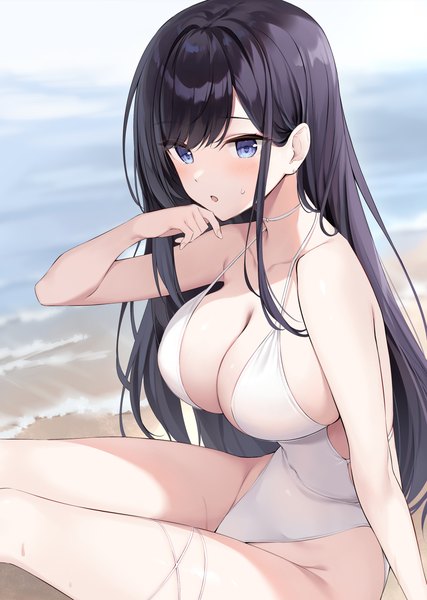 Anime-Bild 1000x1406 mit original oryou single long hair tall image looking at viewer blush fringe breasts open mouth blue eyes light erotic black hair large breasts sitting outdoors arm up :o beach groin