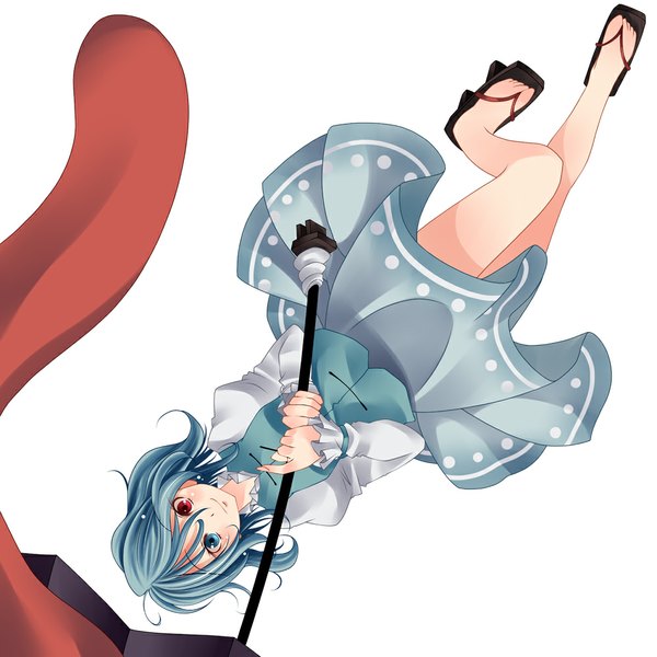Anime picture 1000x1000 with touhou tatara kogasa s-syogo single blush short hair simple background white background blue hair heterochromia girl dress umbrella sandals