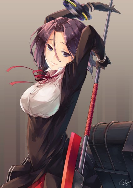 Anime picture 850x1200 with kantai collection tatsuta light cruiser re lucy single tall image looking at viewer short hair blue eyes signed purple hair girl dress weapon