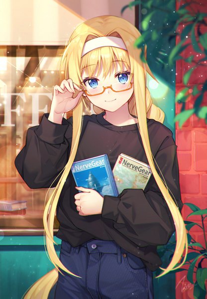 Anime picture 881x1271 with sword art online sword art online: alicization a-1 pictures alice zuberg taro (ultrataro) single long hair tall image looking at viewer blush fringe blue eyes blonde hair smile standing holding payot outdoors braid (braids) long sleeves