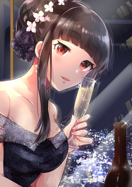 Anime picture 1020x1447 with idolmaster idolmaster cinderella girls kurokawa chiaki skura01 single long hair tall image looking at viewer blush fringe breasts open mouth black hair smile large breasts bare shoulders holding brown eyes payot cleavage