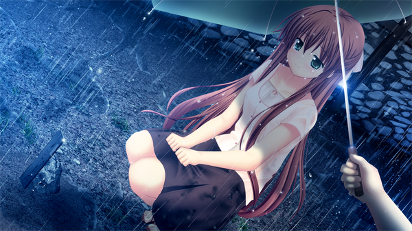 Anime picture 1280x720 with aqua (game) akizuki tsukasa long hair brown hair wide image sitting green eyes game cg solo focus rain girl umbrella
