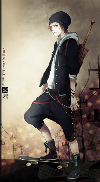 Anime picture 495x900 with k-project gohands (studio) misaki yata saito yukihiro single tall image short hair brown hair standing looking away sky full body bent knee (knees) outdoors open jacket grey eyes text hieroglyph clenched teeth frown