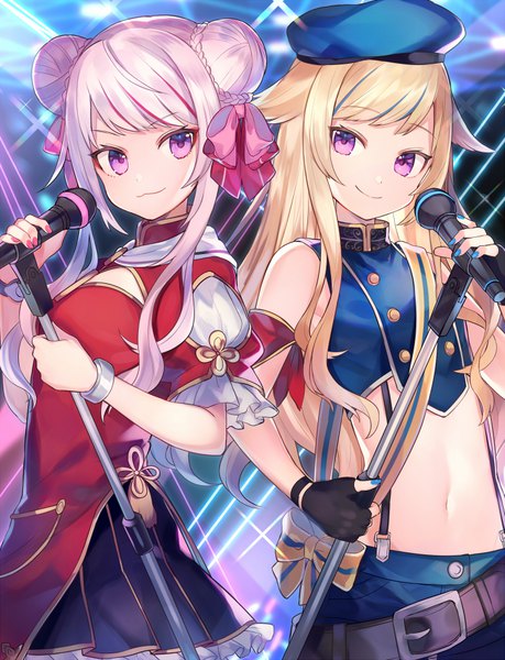 Anime picture 700x914 with virtual youtuber himehina channel suzuki hina tanaka hime shugao long hair tall image looking at viewer blush fringe blonde hair smile standing purple eyes bare shoulders multiple girls holding payot pink hair braid (braids)