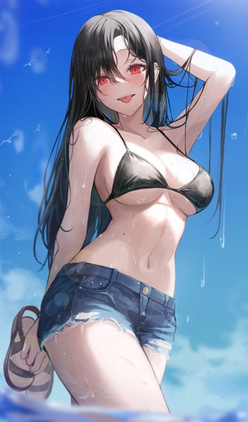 Anime picture 3824x6500 with original gongha single long hair tall image looking at viewer blush fringe highres breasts light erotic black hair hair between eyes red eyes large breasts standing absurdres sky outdoors arm up