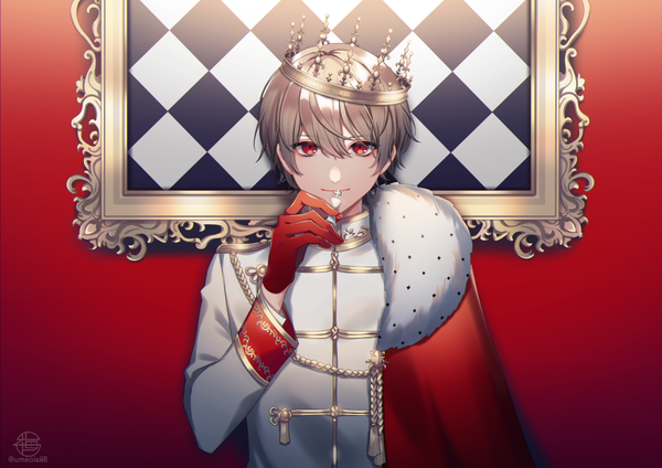 Anime picture 1000x707 with original umeno shii single looking at viewer fringe short hair blonde hair hair between eyes red eyes signed upper body twitter username red background checkered boy gloves crown mantle red gloves picture frame