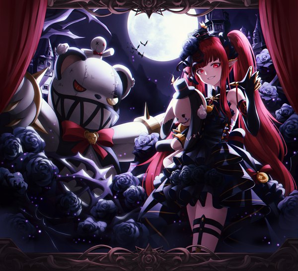 Anime picture 4593x4182 with dungeon and fighter mage (dungeon and fighter) enchantress (dungeon and fighter) yeomin single long hair looking at viewer fringe highres smile red eyes twintails payot absurdres red hair blunt bangs pointy ears grin lolita fashion goth-loli