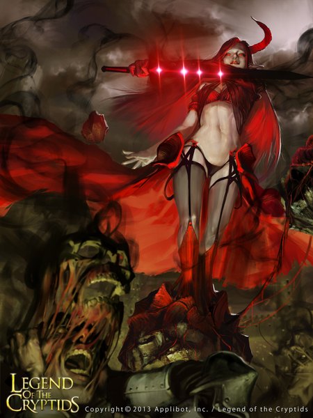 Anime picture 1350x1800 with legend of the cryptids totorrl (artist) single long hair tall image looking at viewer light erotic red eyes bare shoulders red hair horn (horns) pointy ears realistic from below lipstick magic girl thighhighs navel underwear