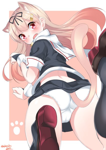 Anime picture 3000x4242 with kantai collection yuudachi destroyer nebusoku single long hair tall image blush fringe highres open mouth light erotic blonde hair simple background red eyes signed animal ears looking away pink hair bent knee (knees) ass