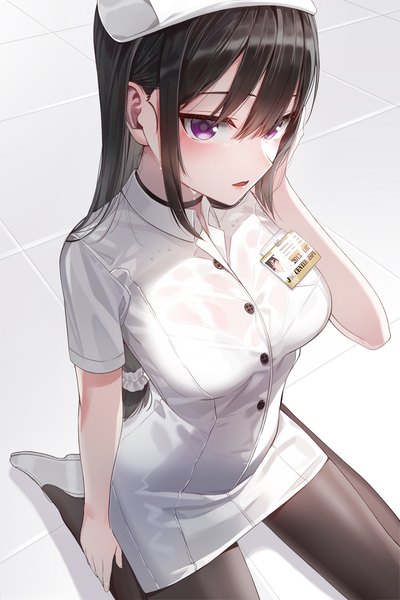Anime picture 833x1250 with original kfr single long hair tall image looking at viewer blush fringe breasts open mouth black hair hair between eyes sitting purple eyes payot arm up short sleeves wariza low ponytail nurse