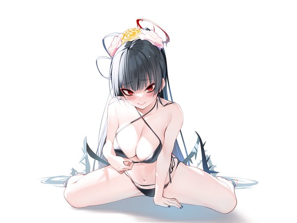 Anime picture 2200x1650 with blue archive tsurugi (blue archive) tsurugi (swimsuit) (blue archive) nekomu single looking at viewer blush highres breasts light erotic black hair simple background smile red eyes large breasts white background very long hair nail polish hair flower arm support