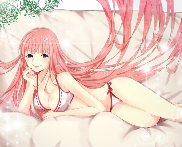 Anime picture 1280x1040 with vocaloid megurine luka salt star single looking at viewer blush blue eyes light erotic bare shoulders cleavage lying very long hair nail polish barefoot lips bare legs bare belly on side girl swimsuit
