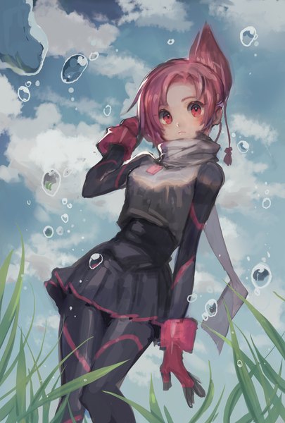 Anime picture 1975x2923 with kemurikusa rin (kemurikusa) tanakalma single tall image looking at viewer blush fringe highres short hair red eyes standing sky cloud (clouds) outdoors red hair arm up frown knees together feet apart folded ponytail