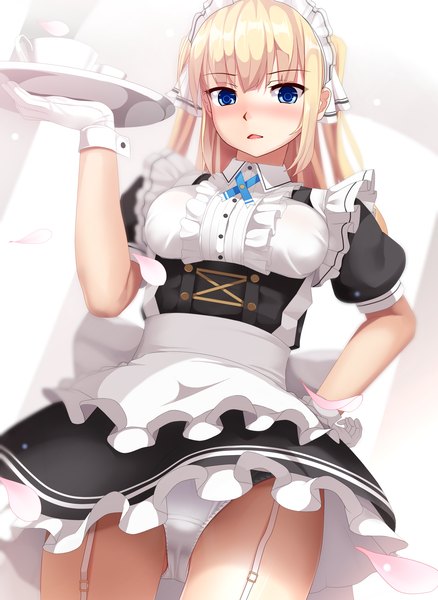 Anime picture 1900x2600 with original eto single long hair tall image looking at viewer blush fringe highres breasts open mouth blue eyes light erotic blonde hair hair between eyes standing holding payot maid two side up