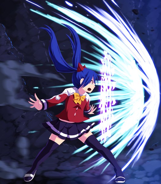 Anime picture 3500x4000 with fairy tail wendy marvell tongasart single long hair tall image highres open mouth twintails brown eyes blue hair absurdres profile pleated skirt coloring magic spread arms smoke screaming girl