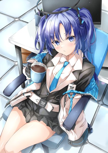Anime picture 1448x2048 with blue archive yuuka (blue archive) kikugawa roku single long hair tall image blush blue eyes sitting blue hair head tilt from above open jacket two side up girl necktie jacket halo mug coffee