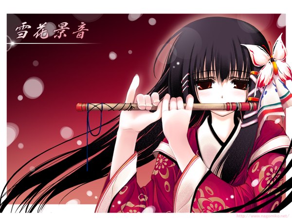 Anime picture 1600x1200 with tagme (copyright) nagomi single long hair black hair red eyes upper body border outside border playing instrument girl hair ornament musical instrument butterfly hair ornament flute