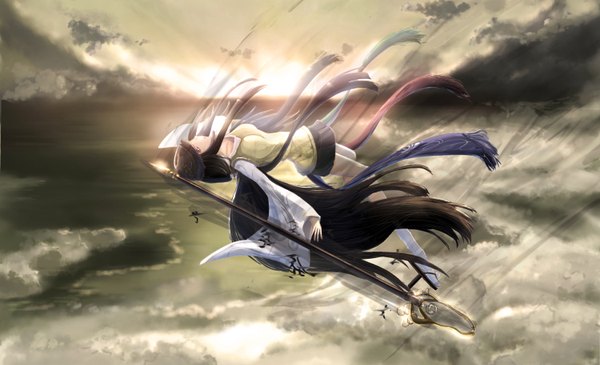 Anime picture 1500x914 with original kikivi single black hair wide image cloud (clouds) very long hair wide sleeves orange eyes looking up scenic falling midair girl skirt weapon miniskirt socks white socks vest