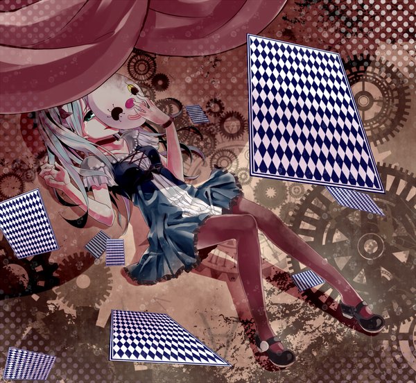 Anime picture 1200x1105 with vocaloid karakuri pierrot (vocaloid) hatsune miku ume cake (artist) long hair twintails green eyes aqua hair girl dress mask card (cards)