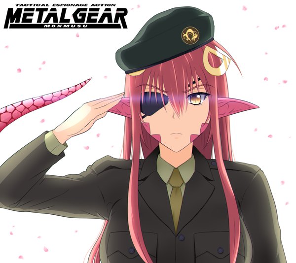 Anime picture 1213x1080 with monster musume no iru nichijou miia (monster musume) green kaminari single long hair looking at viewer fringe simple background white background red hair tail pointy ears inscription orange eyes salute snake tail lamia girl uniform beret