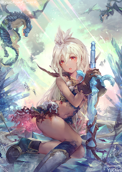 Anime picture 710x1000 with granblue fantasy the order grande yu chien (yuchien4221) single long hair tall image looking at viewer blush fringe open mouth light erotic hair between eyes red eyes sitting holding signed bent knee (knees) white hair sunlight bare belly