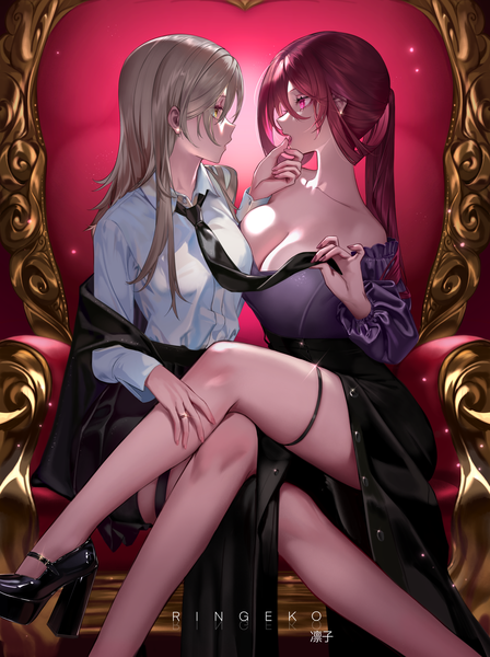 Anime picture 4737x6342 with honkai: star rail honkai (series) kafka (honkai: star rail) trailblazer (honkai: star rail) stelle (honkai: star rail) ringeko-chan long hair tall image fringe highres breasts open mouth light erotic hair between eyes large breasts sitting purple eyes bare shoulders multiple girls yellow eyes