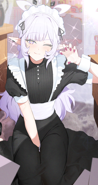 Anime picture 1100x2080 with blue archive himari (blue archive) zanya 000 single long hair tall image looking at viewer blush fringe sitting purple eyes white hair blunt bangs nail polish one eye closed arm up fingernails pointy ears wink sparkle