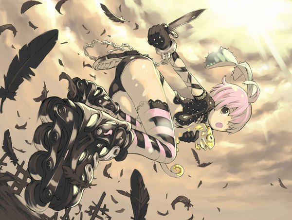 Anime picture 1000x756 with original haku (sabosoda) single looking at viewer fringe short hair light erotic holding brown eyes pink hair sky hair over one eye from below girl thighhighs gloves animal black gloves shorts short shorts