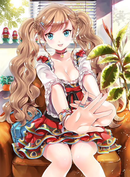 Anime picture 800x1093 with original ice (ice aptx) single long hair tall image looking at viewer blush open mouth blue eyes brown hair sitting twintails wavy hair girl dress bow plant (plants) bracelet leaf (leaves)