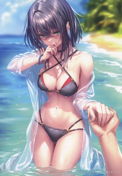 Anime picture 4151x5970 with hanikami kanojo chigami hikage piromizu tall image looking at viewer blush fringe highres short hair breasts blue eyes light erotic black hair hair between eyes large breasts absurdres sky cleavage outdoors head tilt