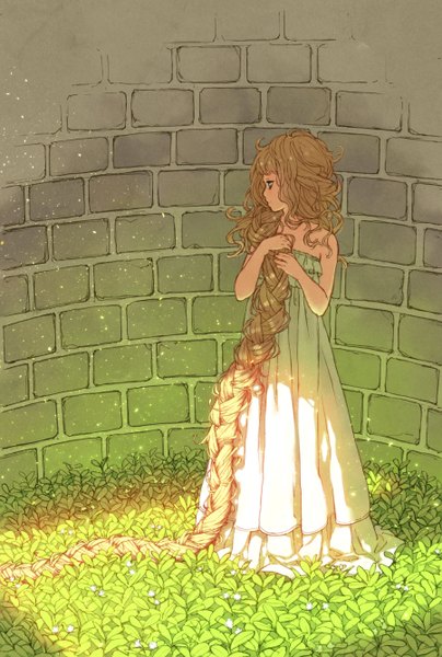 Anime picture 900x1336 with tangled disney rapunzel pood1e single tall image fringe blonde hair standing bare shoulders very long hair alternate costume sleeveless alternate age girl dress flower (flowers) plant (plants) wall