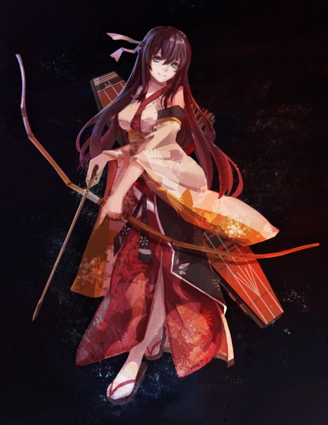 Anime picture 1896x2452 with kantai collection akagi aircraft carrier magician (china) single long hair tall image looking at viewer highres blue eyes simple background smile brown hair standing holding traditional clothes japanese clothes wide sleeves alternate costume black background girl