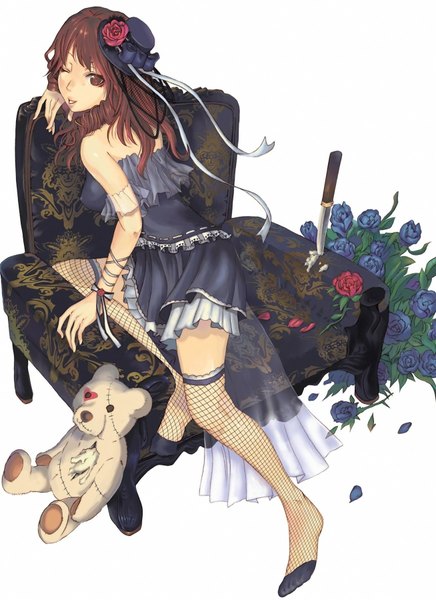 Anime picture 1308x1800 with original yatagarasu single long hair tall image simple background brown hair white background bare shoulders brown eyes one eye closed looking back wink no shoes back girl thighhighs dress flower (flowers) ribbon (ribbons)
