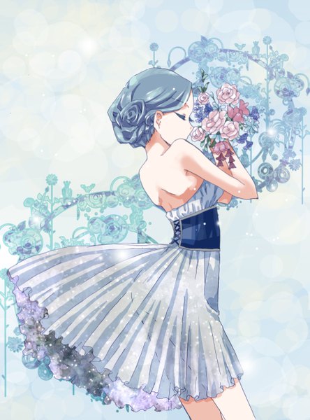 Anime picture 4132x5575 with bishoujo senshi sailor moon toei animation kaiou michiru kinako (utyu no hazikko) single long hair tall image highres holding blue hair absurdres eyes closed profile alternate hairstyle arched back hair up girl dress flower (flowers) transparent clothing