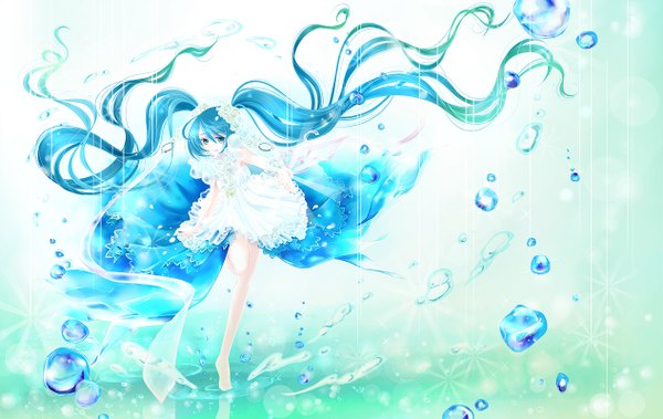 Anime picture 1265x800 with vocaloid hatsune miku hatoyama single looking at viewer twintails very long hair barefoot aqua eyes aqua hair girl dress bubble (bubbles)