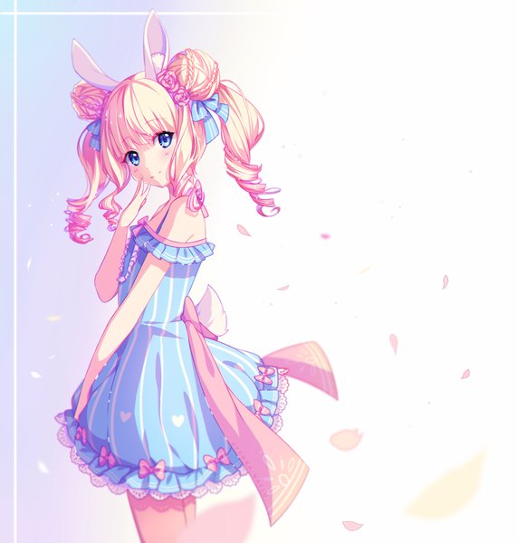 Anime picture 951x1000 with original hyanna-natsu single long hair tall image looking at viewer blush fringe blue eyes blonde hair smile standing twintails animal ears tail braid (braids) head tilt animal tail hair bun (hair buns) bunny ears