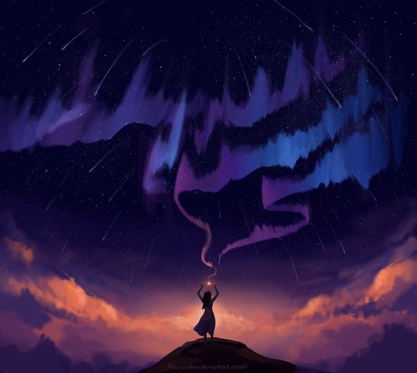 Anime picture 1273x1140 with original auroralion single long hair standing sky cloud (clouds) night arms up from below night sky mountain meteor rain aurora borealis girl star (symbol) star (stars)